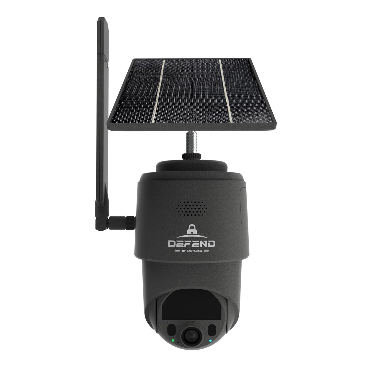 Solar-powered security camera with a black casing and solar panel on top, featuring the brand 'Defend'.