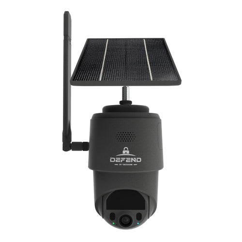 Solar-powered security camera with a black casing and solar panel on top, featuring the brand 'Defend'.