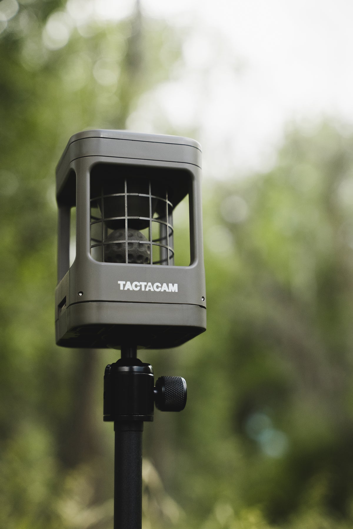 A Tactacam wind direction capture head mounted on a black pole, shown in a blurred outdoor setting with green foliage.