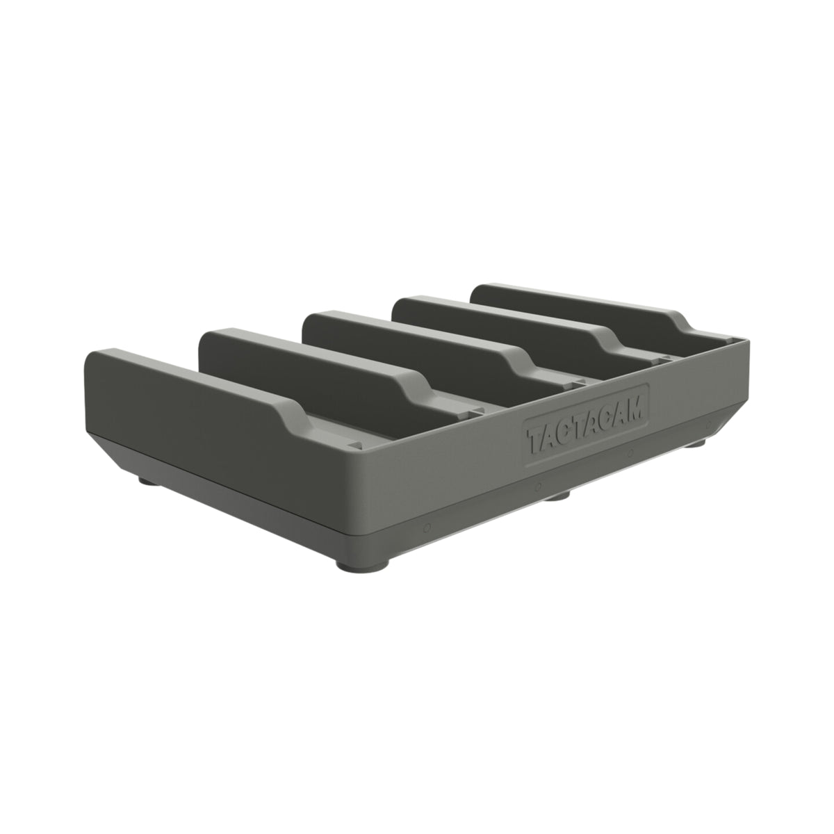 Gray four-compartment battery tray on a white background