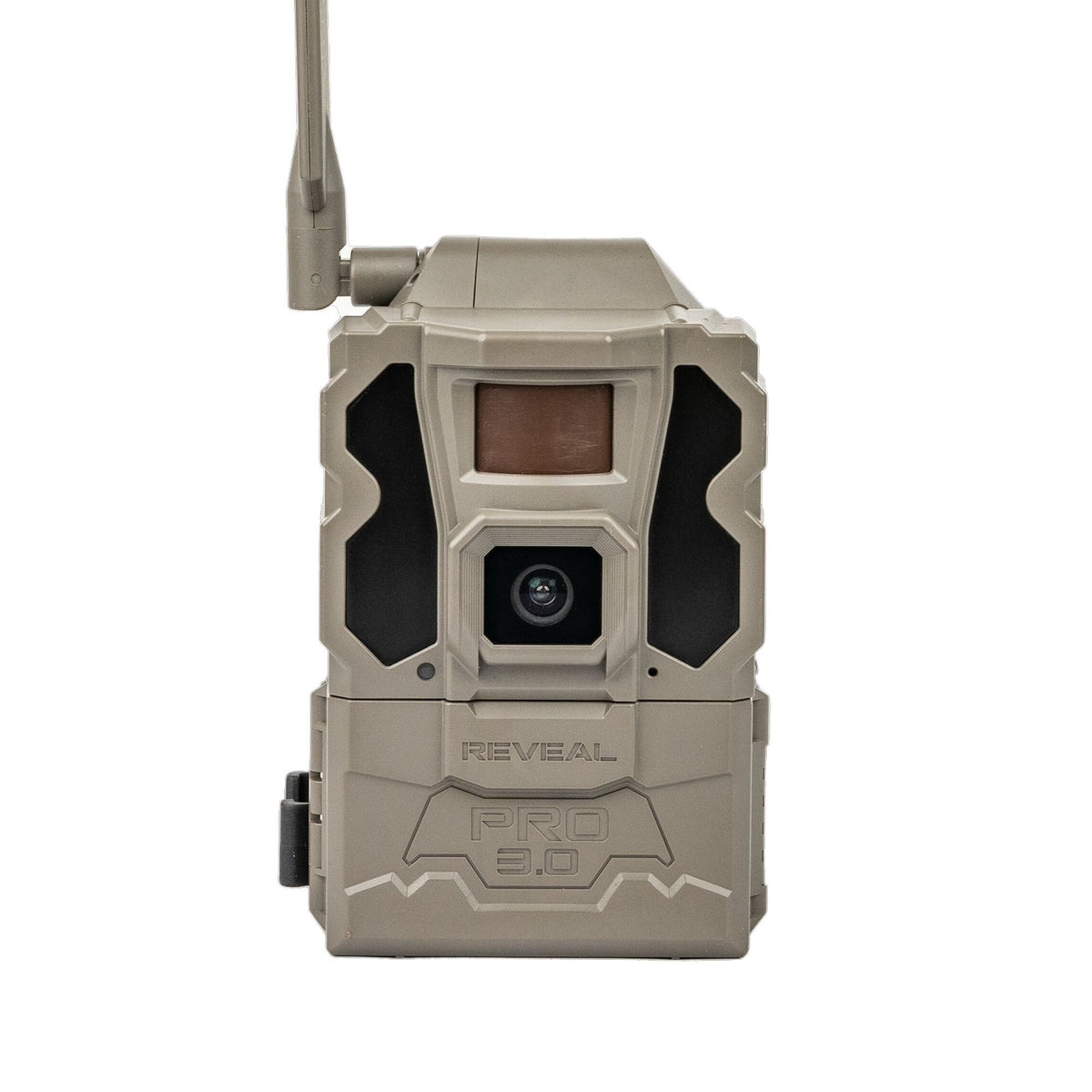 A tactical trail camera in a desert sand color with black accents, featuring an external antenna, a front-facing lens, and the embossed brand name 'REVEAL PRO 3.0' on its front face, set against a plain white background.