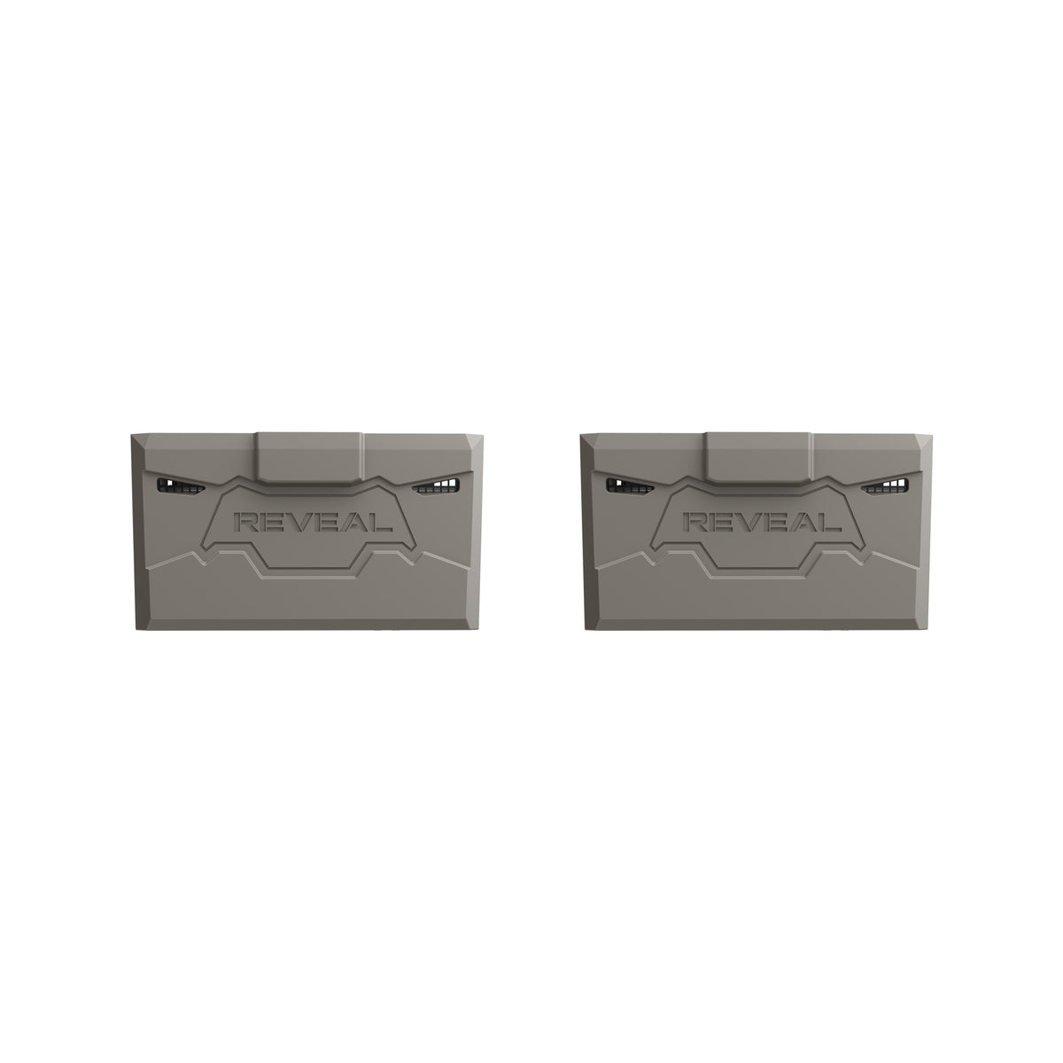 Two gray REVEAL branded lithium battery packs shown side by side on a plain white background.