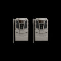 Two tactical trail cameras with a gray and black design, shown side-by-side against a solid black background. The cameras feature a front lens assembly, side antennas, and a lower compartment with the brand name 'REVEAL' embossed on the front.