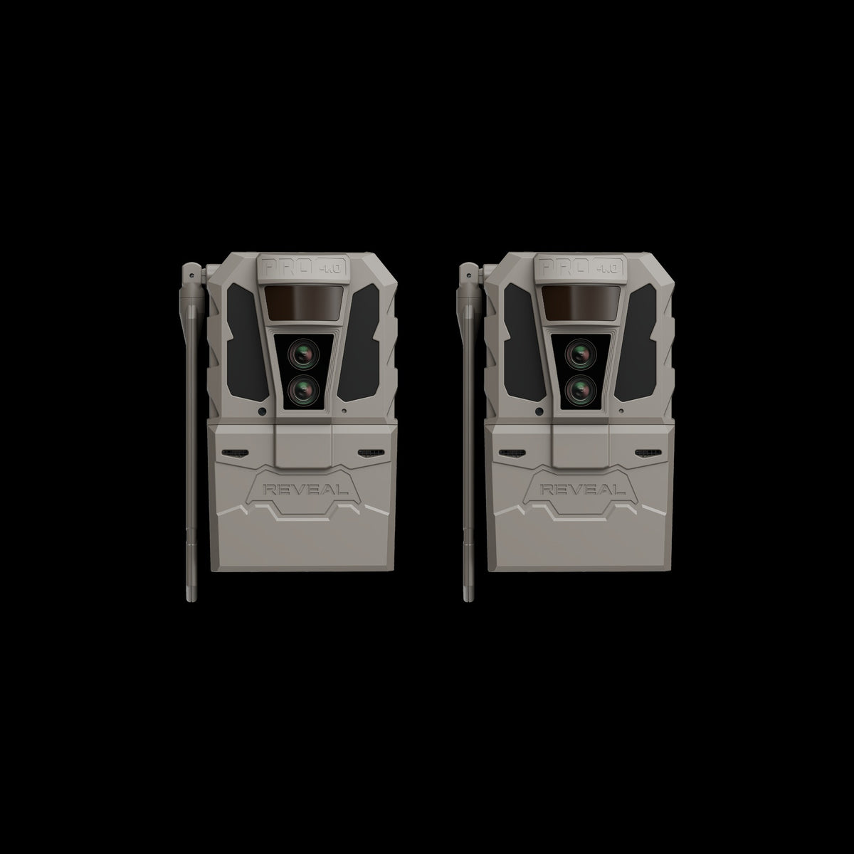 Two tactical trail cameras with a gray and black design, shown side-by-side against a solid black background. The cameras feature a front lens assembly, side antennas, and a lower compartment with the brand name 'REVEAL' embossed on the front.
