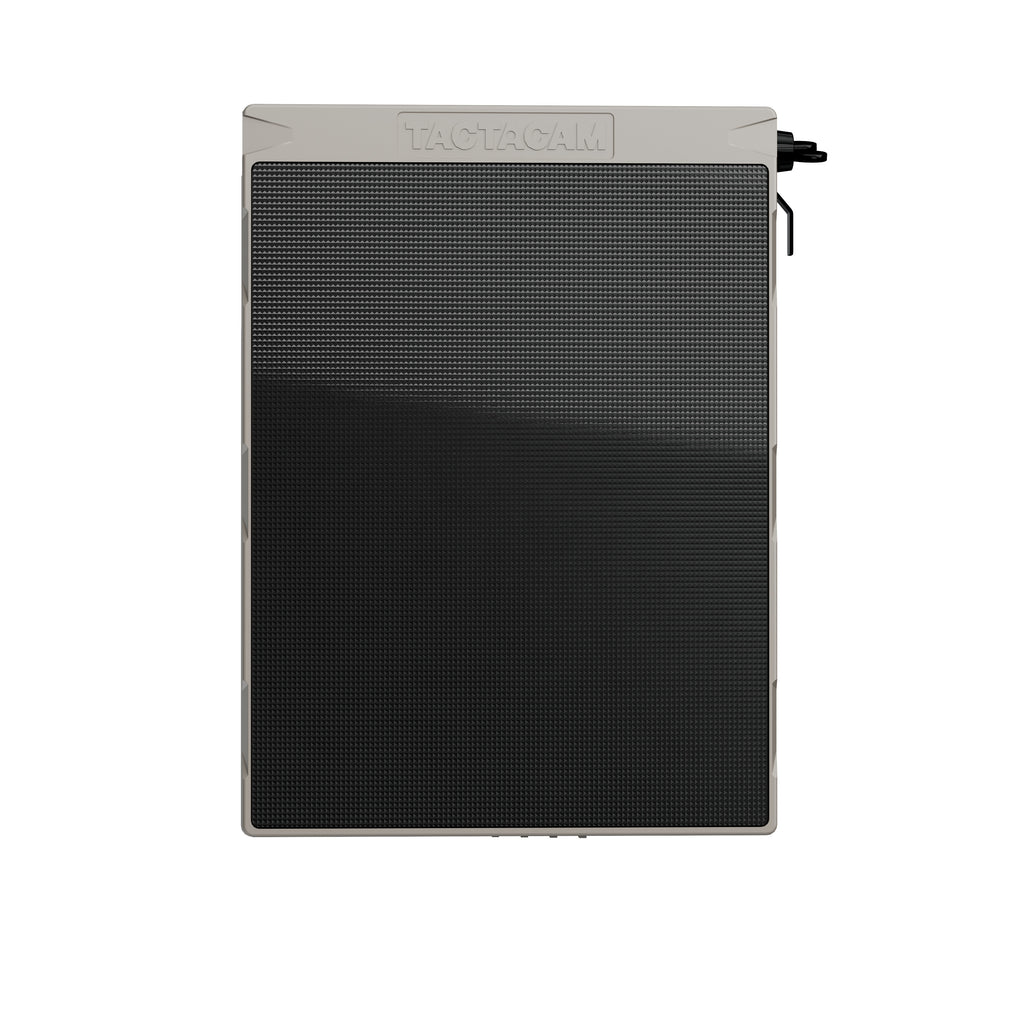 A Tactacam solar panel with a black textured screen and a light gray frame, shown against a plain white background.