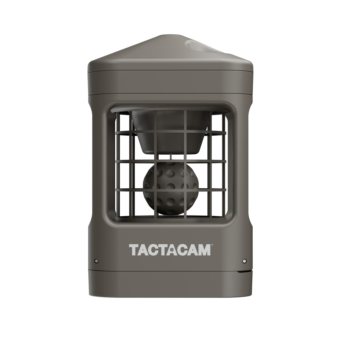 A tactical outdoor camera accessory by TACTACAM, featuring a matte dark gray housing, a front wire mesh guard, and a spherical lens inside, shown on a solid white background.