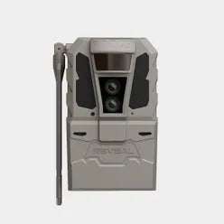 A gray and black Reveal Pro 4.0 trail camera with an attached vertical antenna, shown on a light gray background.