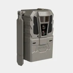 A gray and black trail camera with a vertical mounting bracket, shown on a plain light gray background.