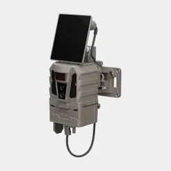 A gray and black wildlife camera with an attached solar panel and a gray mounting bracket on the side, shown against a light gray background.
