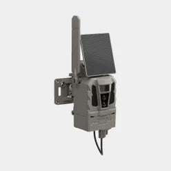 A gray trail camera with a small solar panel mounted on top, shown against a plain light gray background.