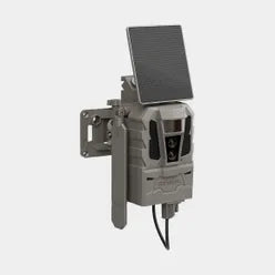 A gray wildlife camera with an attached solar panel and mounting bracket, shown against a light gray background.