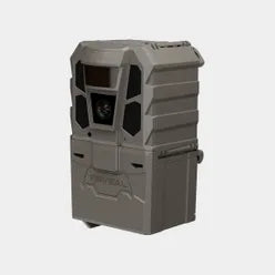 A gray and black trail camera with a textured, rugged housing, shown against a plain light gray background.