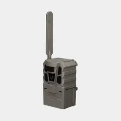A gray tactical-style trail camera with a long vertical antenna, shown on a plain light gray background.